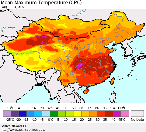 China, Mongolia and Taiwan Mean Maximum Temperature (CPC) Thematic Map For 8/8/2022 - 8/14/2022