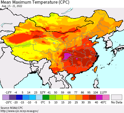 China, Mongolia and Taiwan Mean Maximum Temperature (CPC) Thematic Map For 8/15/2022 - 8/21/2022