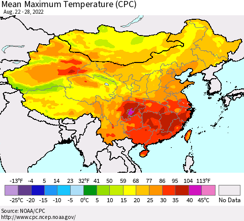 China, Mongolia and Taiwan Mean Maximum Temperature (CPC) Thematic Map For 8/22/2022 - 8/28/2022