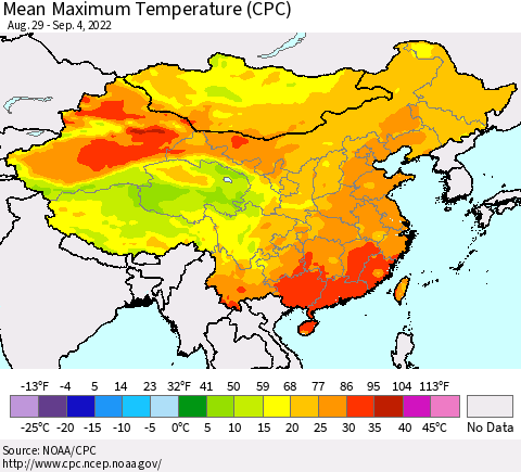 China, Mongolia and Taiwan Mean Maximum Temperature (CPC) Thematic Map For 8/29/2022 - 9/4/2022