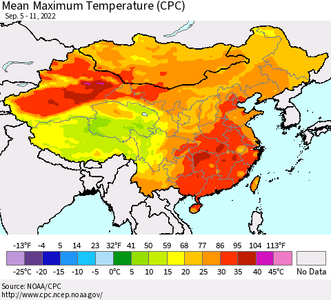 China, Mongolia and Taiwan Mean Maximum Temperature (CPC) Thematic Map For 9/5/2022 - 9/11/2022