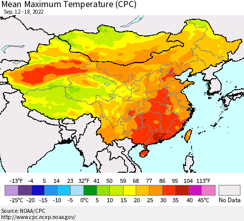 China, Mongolia and Taiwan Mean Maximum Temperature (CPC) Thematic Map For 9/12/2022 - 9/18/2022