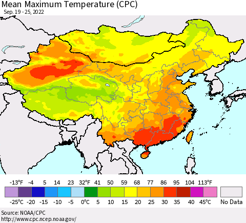 China, Mongolia and Taiwan Mean Maximum Temperature (CPC) Thematic Map For 9/19/2022 - 9/25/2022