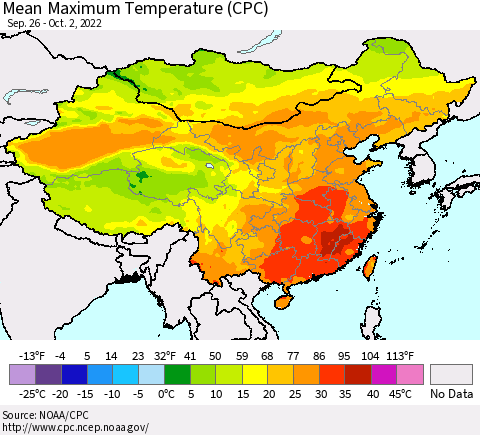 China, Mongolia and Taiwan Mean Maximum Temperature (CPC) Thematic Map For 9/26/2022 - 10/2/2022