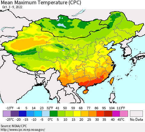 China, Mongolia and Taiwan Mean Maximum Temperature (CPC) Thematic Map For 10/3/2022 - 10/9/2022
