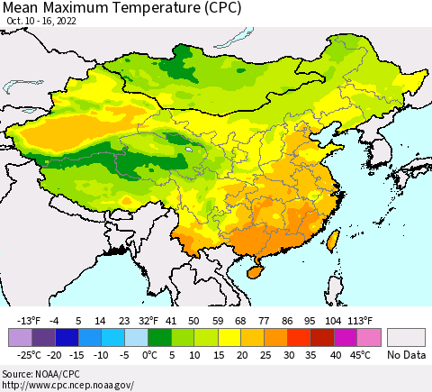 China, Mongolia and Taiwan Mean Maximum Temperature (CPC) Thematic Map For 10/10/2022 - 10/16/2022