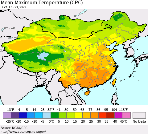 China, Mongolia and Taiwan Mean Maximum Temperature (CPC) Thematic Map For 10/17/2022 - 10/23/2022