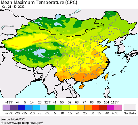 China, Mongolia and Taiwan Mean Maximum Temperature (CPC) Thematic Map For 10/24/2022 - 10/30/2022