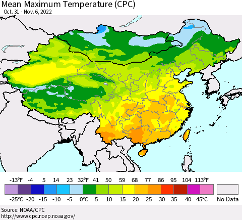 China, Mongolia and Taiwan Mean Maximum Temperature (CPC) Thematic Map For 10/31/2022 - 11/6/2022