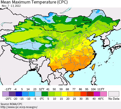 China, Mongolia and Taiwan Mean Maximum Temperature (CPC) Thematic Map For 11/7/2022 - 11/13/2022