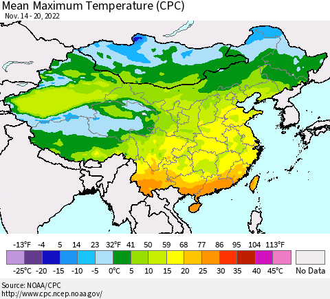 China, Mongolia and Taiwan Mean Maximum Temperature (CPC) Thematic Map For 11/14/2022 - 11/20/2022
