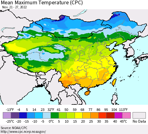 China, Mongolia and Taiwan Mean Maximum Temperature (CPC) Thematic Map For 11/21/2022 - 11/27/2022
