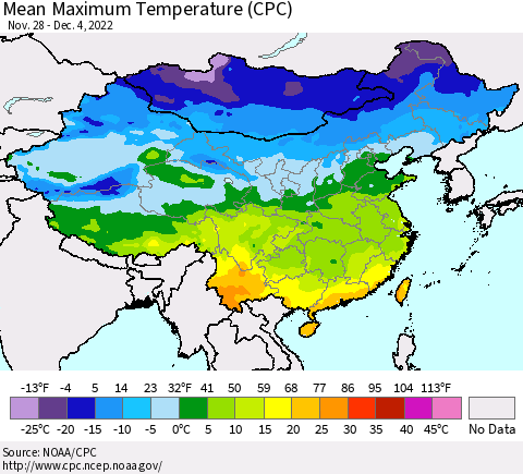 China, Mongolia and Taiwan Mean Maximum Temperature (CPC) Thematic Map For 11/28/2022 - 12/4/2022