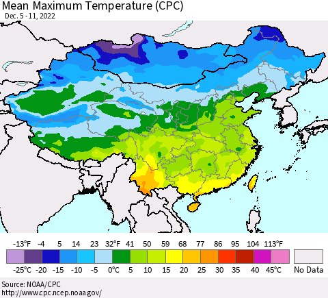 China, Mongolia and Taiwan Mean Maximum Temperature (CPC) Thematic Map For 12/5/2022 - 12/11/2022