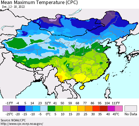 China, Mongolia and Taiwan Mean Maximum Temperature (CPC) Thematic Map For 12/12/2022 - 12/18/2022