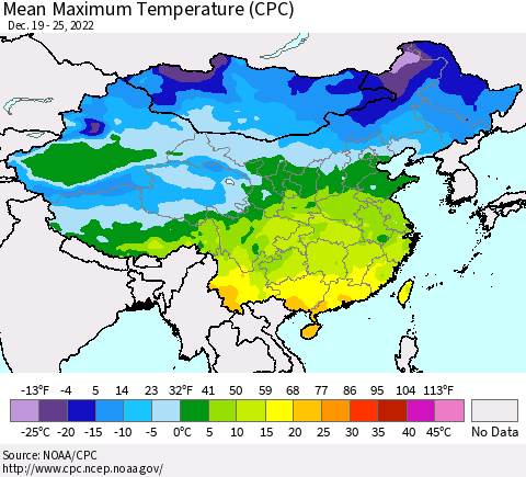 China, Mongolia and Taiwan Mean Maximum Temperature (CPC) Thematic Map For 12/19/2022 - 12/25/2022