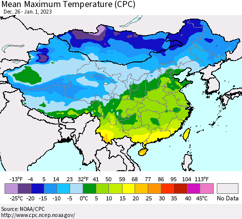 China, Mongolia and Taiwan Mean Maximum Temperature (CPC) Thematic Map For 12/26/2022 - 1/1/2023