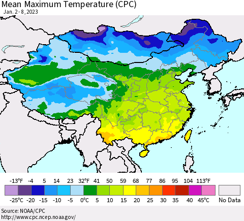China, Mongolia and Taiwan Mean Maximum Temperature (CPC) Thematic Map For 1/2/2023 - 1/8/2023