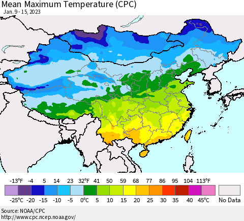 China, Mongolia and Taiwan Mean Maximum Temperature (CPC) Thematic Map For 1/9/2023 - 1/15/2023