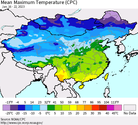 China, Mongolia and Taiwan Mean Maximum Temperature (CPC) Thematic Map For 1/16/2023 - 1/22/2023