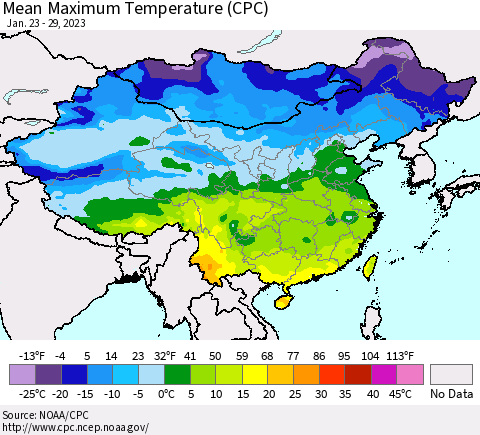 China, Mongolia and Taiwan Mean Maximum Temperature (CPC) Thematic Map For 1/23/2023 - 1/29/2023