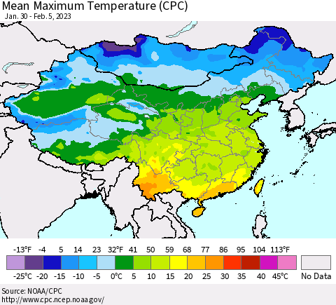 China, Mongolia and Taiwan Mean Maximum Temperature (CPC) Thematic Map For 1/30/2023 - 2/5/2023