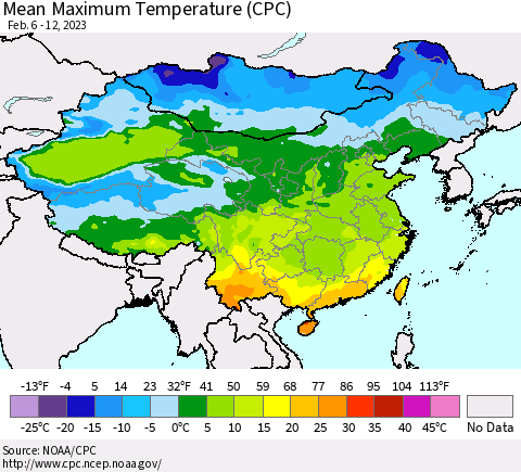 China, Mongolia and Taiwan Mean Maximum Temperature (CPC) Thematic Map For 2/6/2023 - 2/12/2023
