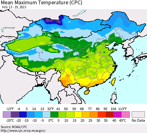 China, Mongolia and Taiwan Mean Maximum Temperature (CPC) Thematic Map For 2/13/2023 - 2/19/2023