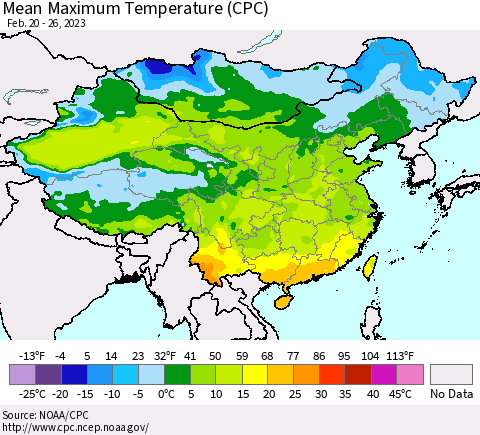 China, Mongolia and Taiwan Mean Maximum Temperature (CPC) Thematic Map For 2/20/2023 - 2/26/2023