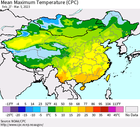 China, Mongolia and Taiwan Mean Maximum Temperature (CPC) Thematic Map For 2/27/2023 - 3/5/2023