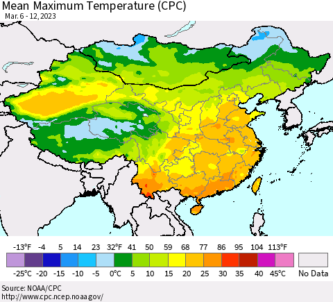 China, Mongolia and Taiwan Mean Maximum Temperature (CPC) Thematic Map For 3/6/2023 - 3/12/2023