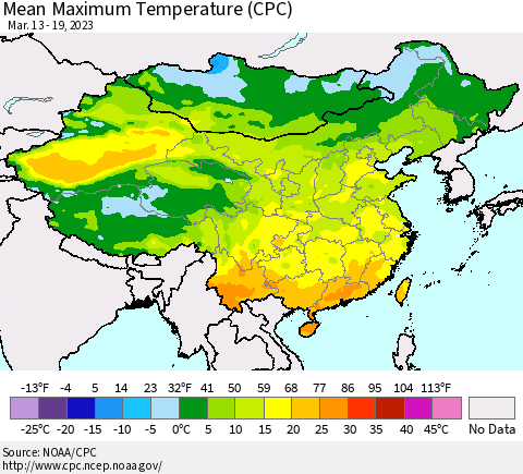 China, Mongolia and Taiwan Mean Maximum Temperature (CPC) Thematic Map For 3/13/2023 - 3/19/2023