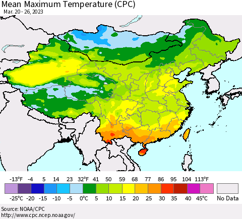 China, Mongolia and Taiwan Mean Maximum Temperature (CPC) Thematic Map For 3/20/2023 - 3/26/2023