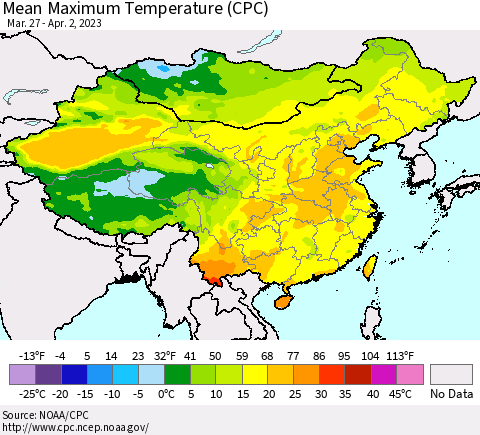 China, Mongolia and Taiwan Mean Maximum Temperature (CPC) Thematic Map For 3/27/2023 - 4/2/2023