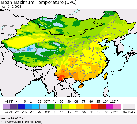 China, Mongolia and Taiwan Mean Maximum Temperature (CPC) Thematic Map For 4/3/2023 - 4/9/2023