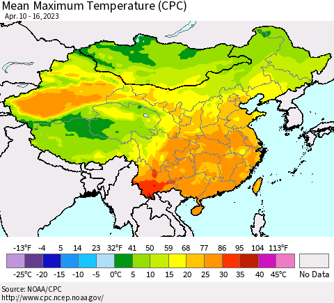 China, Mongolia and Taiwan Mean Maximum Temperature (CPC) Thematic Map For 4/10/2023 - 4/16/2023