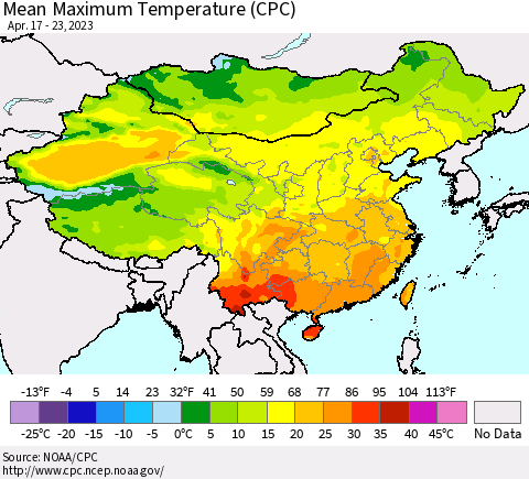 China, Mongolia and Taiwan Mean Maximum Temperature (CPC) Thematic Map For 4/17/2023 - 4/23/2023