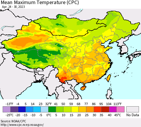 China, Mongolia and Taiwan Mean Maximum Temperature (CPC) Thematic Map For 4/24/2023 - 4/30/2023