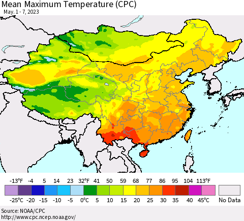 China, Mongolia and Taiwan Mean Maximum Temperature (CPC) Thematic Map For 5/1/2023 - 5/7/2023