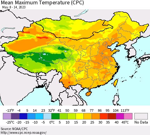 China, Mongolia and Taiwan Mean Maximum Temperature (CPC) Thematic Map For 5/8/2023 - 5/14/2023