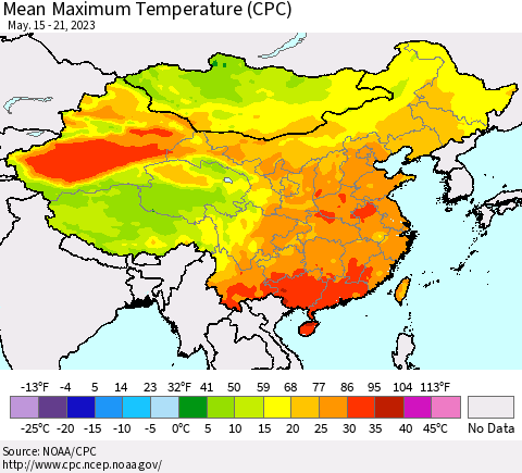 China, Mongolia and Taiwan Mean Maximum Temperature (CPC) Thematic Map For 5/15/2023 - 5/21/2023