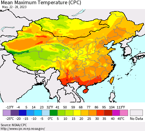 China, Mongolia and Taiwan Mean Maximum Temperature (CPC) Thematic Map For 5/22/2023 - 5/28/2023