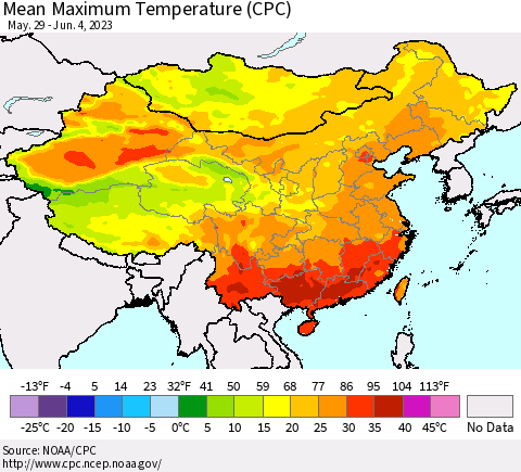China, Mongolia and Taiwan Mean Maximum Temperature (CPC) Thematic Map For 5/29/2023 - 6/4/2023