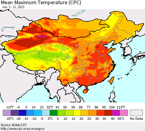 China, Mongolia and Taiwan Mean Maximum Temperature (CPC) Thematic Map For 6/5/2023 - 6/11/2023