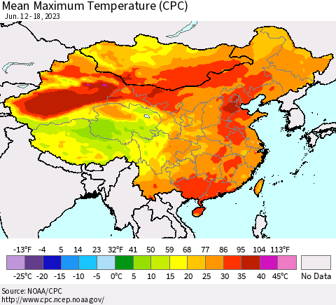 China, Mongolia and Taiwan Mean Maximum Temperature (CPC) Thematic Map For 6/12/2023 - 6/18/2023