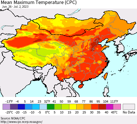 China, Mongolia and Taiwan Mean Maximum Temperature (CPC) Thematic Map For 6/26/2023 - 7/2/2023