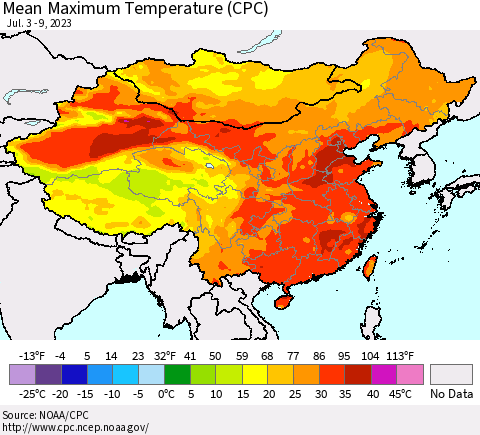 China, Mongolia and Taiwan Mean Maximum Temperature (CPC) Thematic Map For 7/3/2023 - 7/9/2023