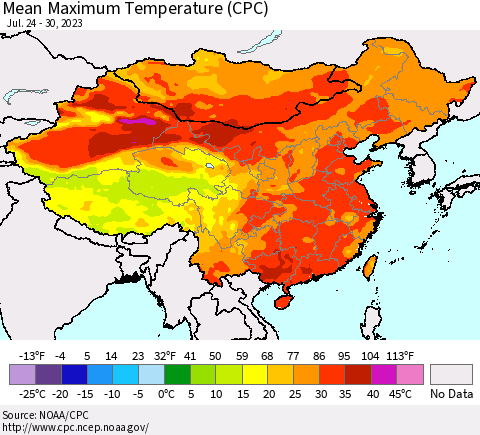China, Mongolia and Taiwan Mean Maximum Temperature (CPC) Thematic Map For 7/24/2023 - 7/30/2023