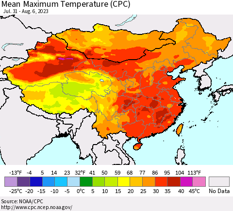 China, Mongolia and Taiwan Mean Maximum Temperature (CPC) Thematic Map For 7/31/2023 - 8/6/2023
