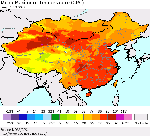 China, Mongolia and Taiwan Mean Maximum Temperature (CPC) Thematic Map For 8/7/2023 - 8/13/2023